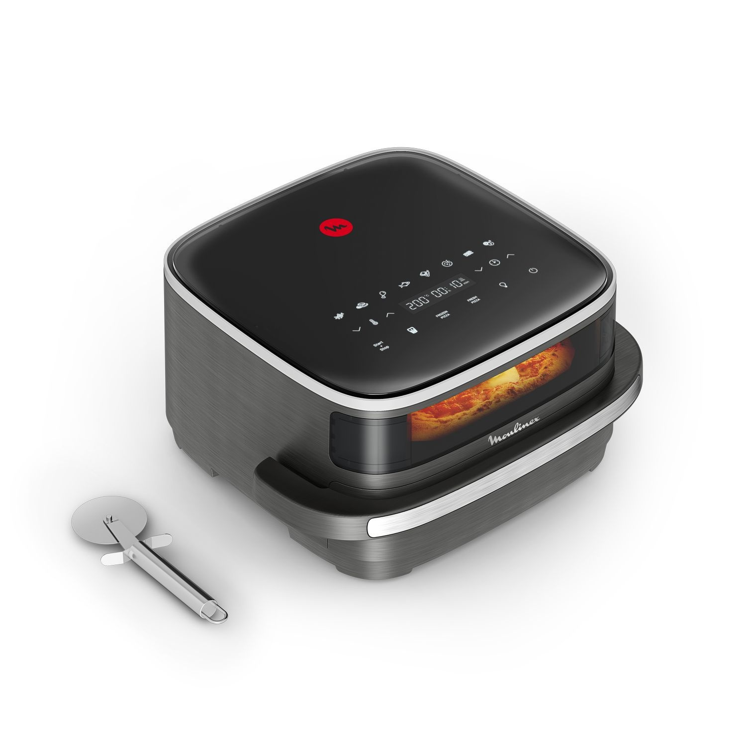 A black and gray Moulinex air fryer with a pizza inside. A pizza cutter is on the side. The display shows 200°C and 10 minutes.