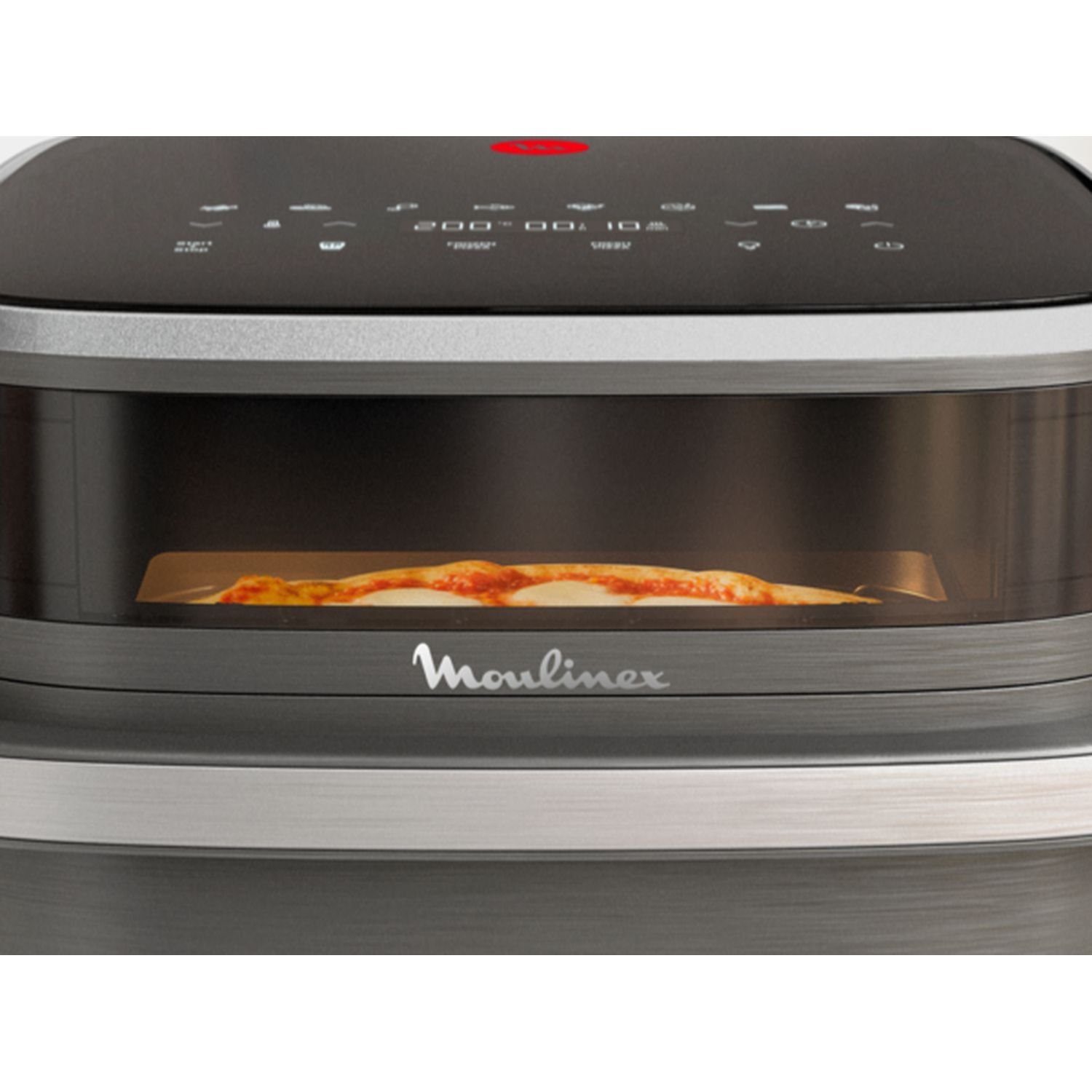 A close-up of a Moulinex oven with a pizza inside. The oven is black and silver, with a glass door.