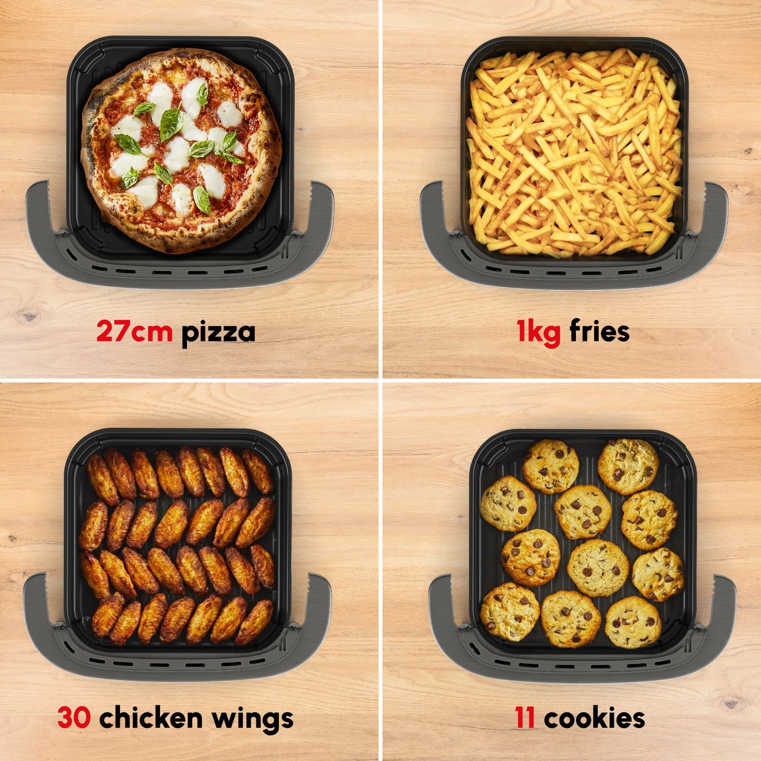 Four air fryer meals: pizza, fries, chicken wings, and cookies. Each in a black tray with gray handles, on a wooden surface.