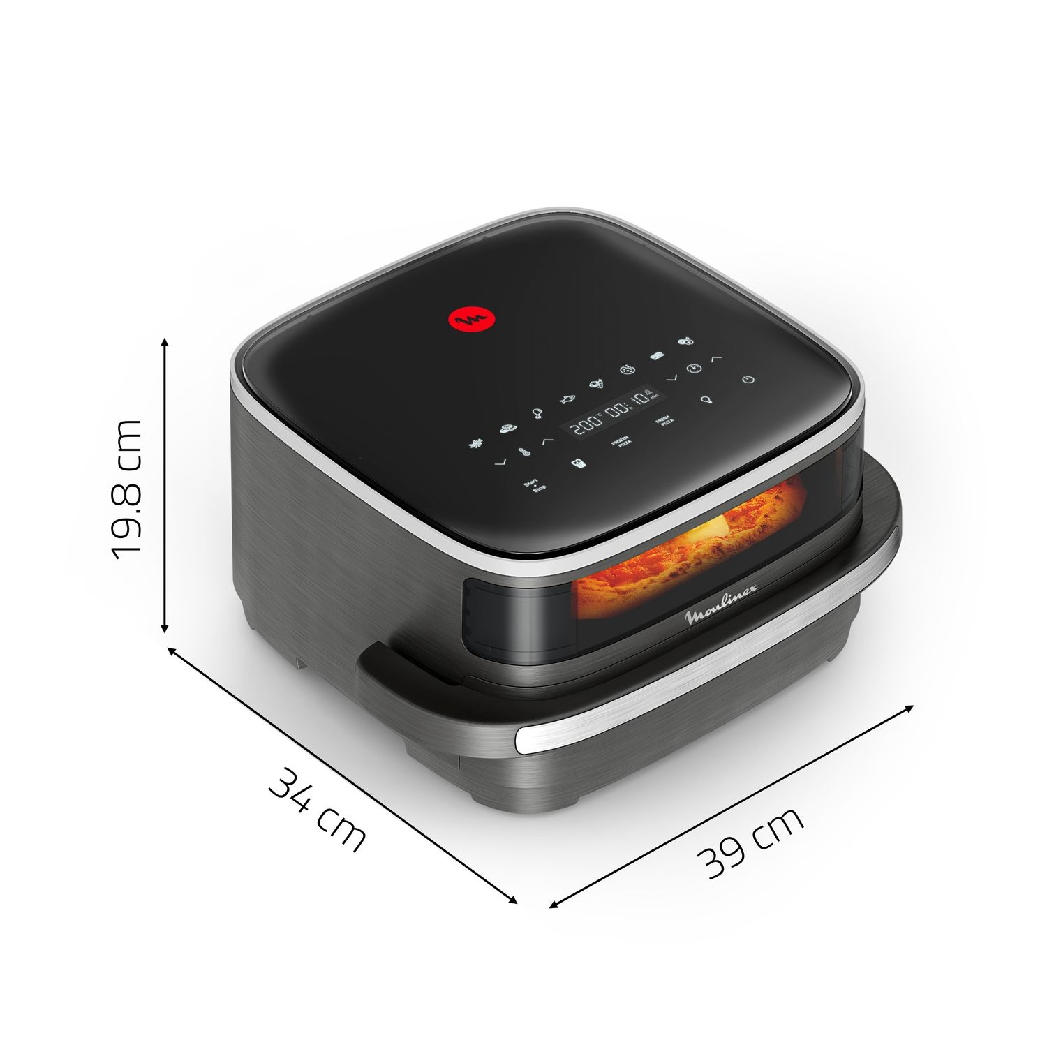 An air fryer with dimensions labeled. Black top and grey base. A red logo is on top. A window shows food inside. The brand is Moulinex.