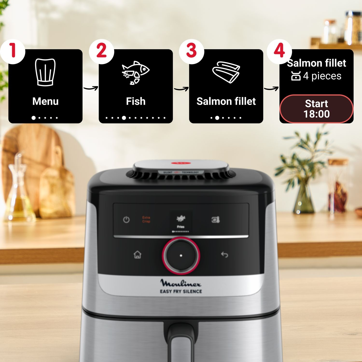 Friteuse à air avec étapes de la recette : Menu, Poisson, Filet de saumon et Démarrer 18:00.