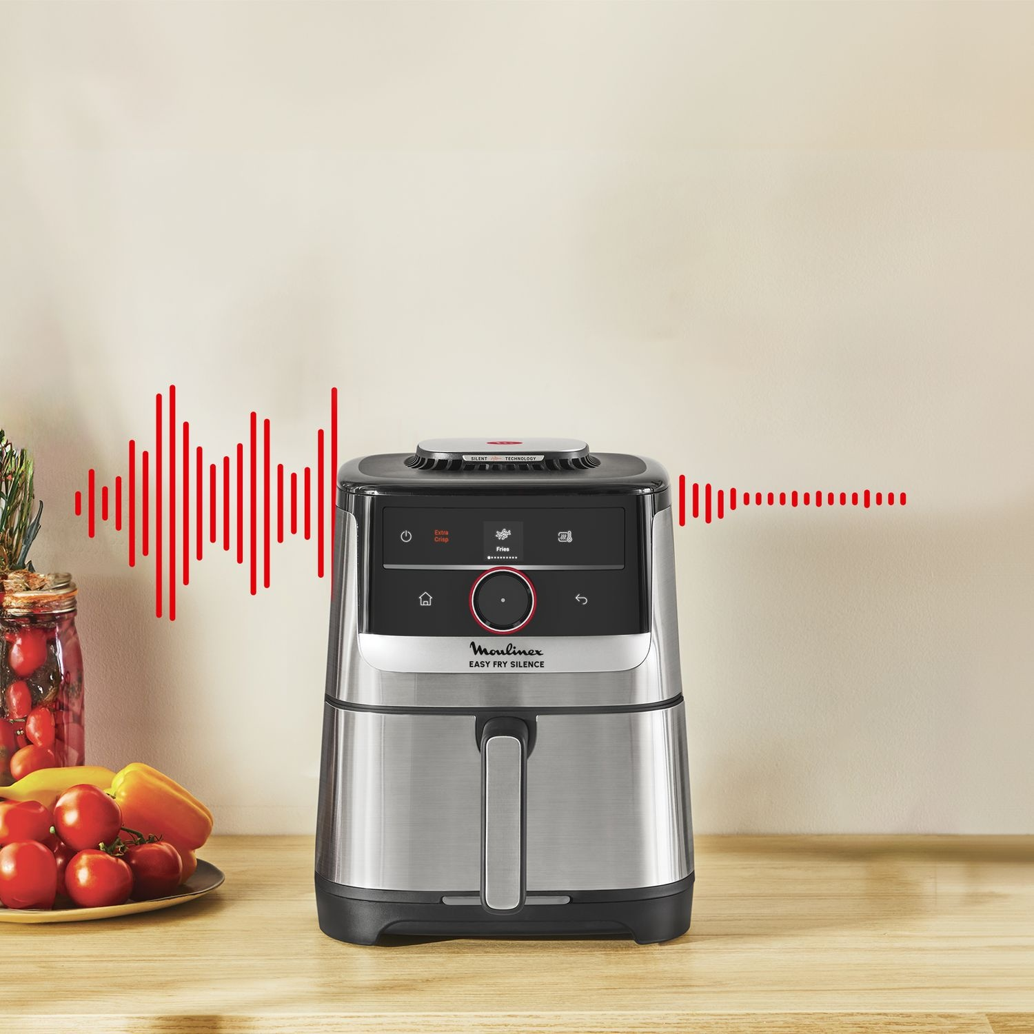 Friteuse à air avec graphique d'onde sonore.