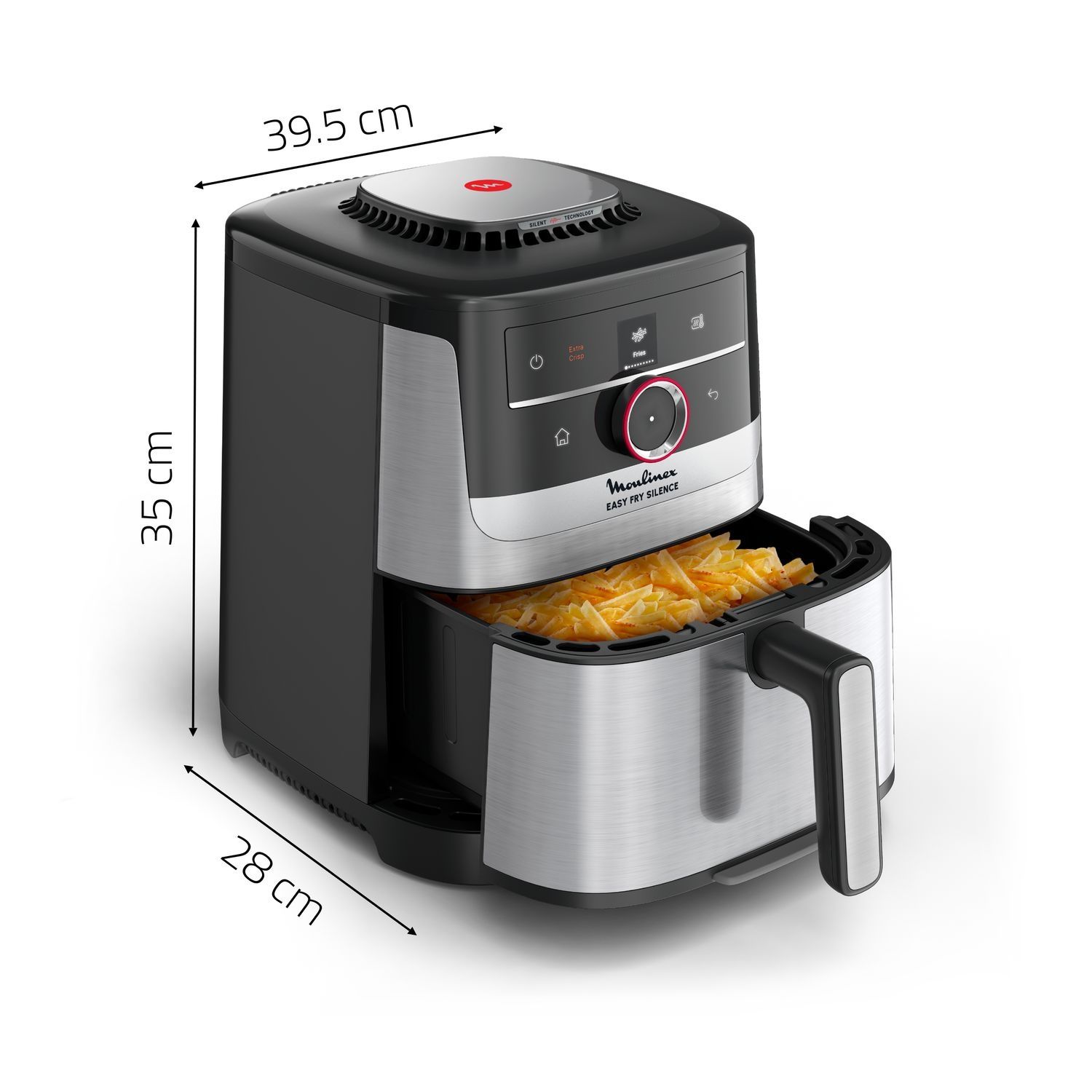 Une friteuse à air montrant un panier de frites. Les dimensions sont indiquées.