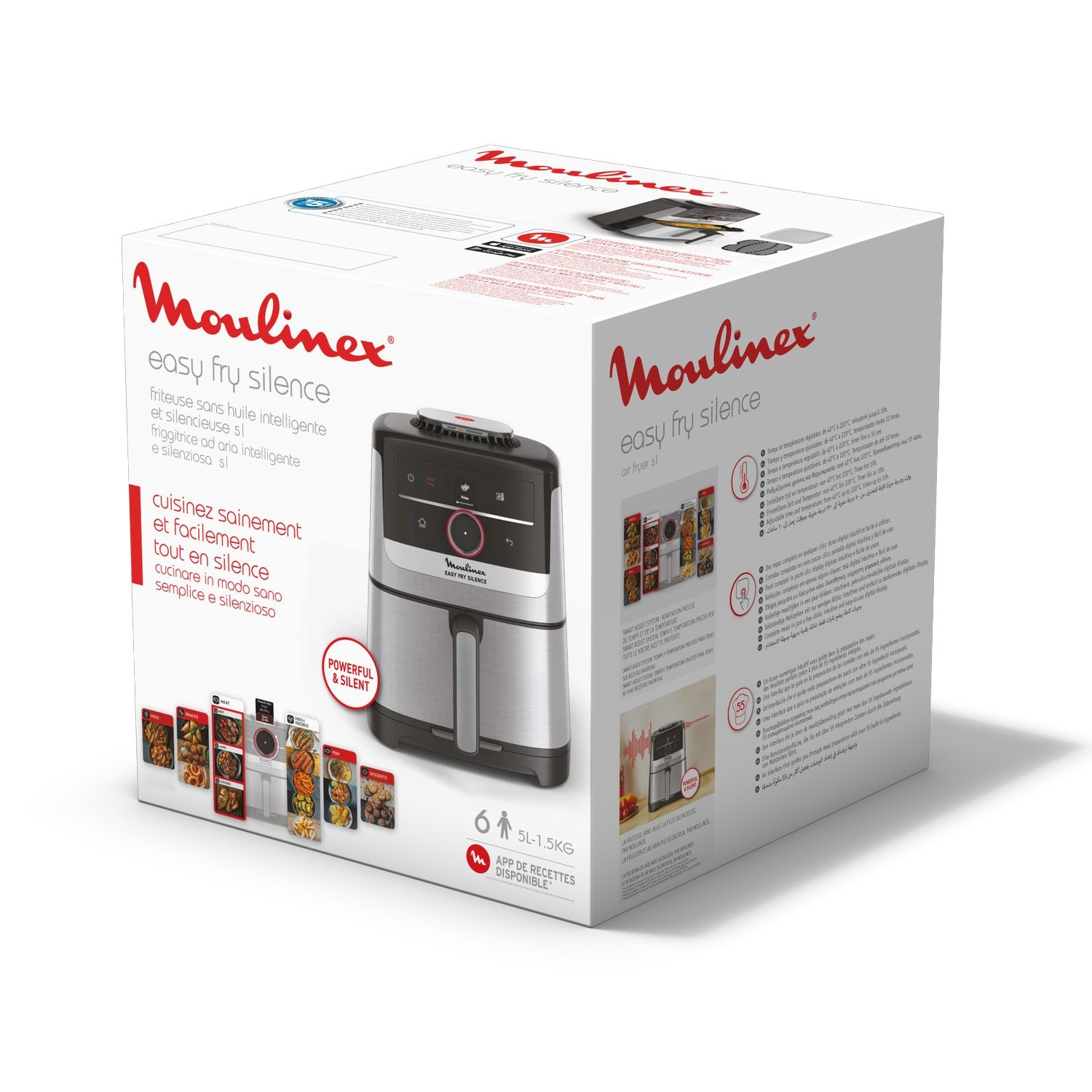 Une boîte de friteuse à air avec la marque Moulinex. Elle comprend une friteuse à air et des images d'aliments.