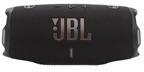 Czarny głośnik JBL z pomarańczowym logo JBL.