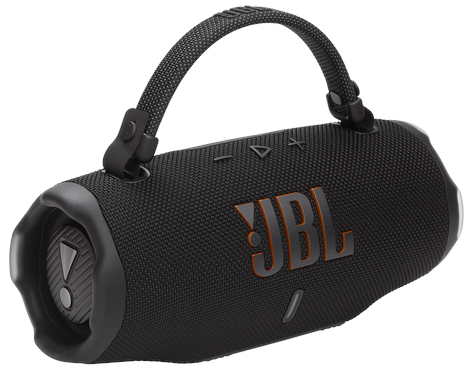 Czarny głośnik przenośny JBL z pomarańczowym logo JBL i uchwytem do przenoszenia.