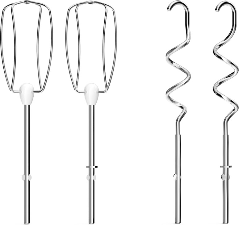 Zestaw końcówek do miksera: dwie trzepaczki i dwa haki do ciasta, wszystkie srebrne.