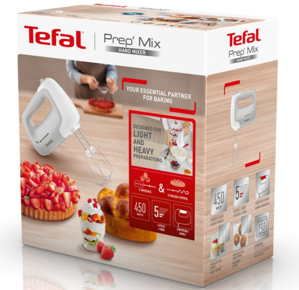 Pudełko miksera ręcznego Tefal Prep'Mix. Pokazuje obraz miksera i składników.