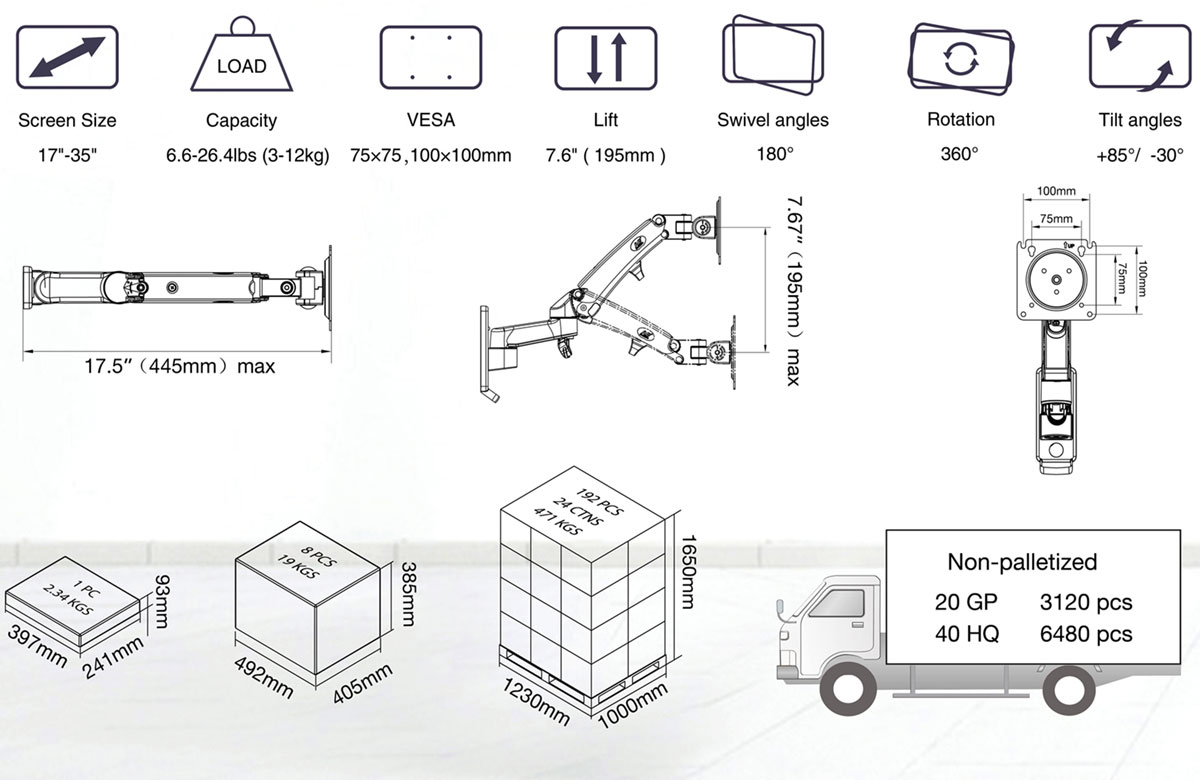 Monitor kar diagramja mérésekkel és specifikációkkal, beleértve a teherbírást és a méreteket.