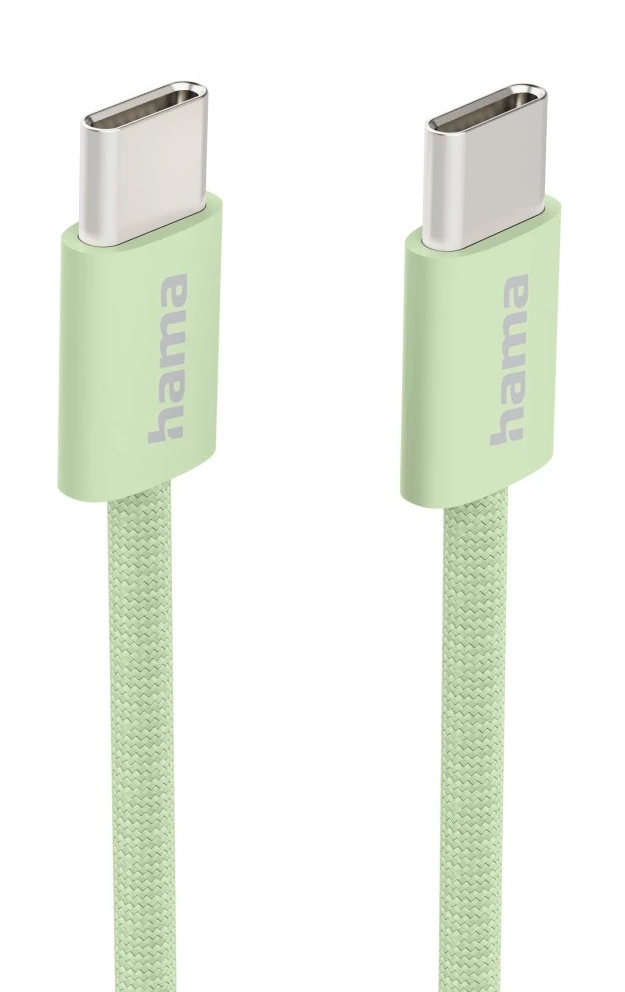 Dwa miętowo-zielone kable USB-C obok siebie, ze srebrnymi złączami i białym tłem.