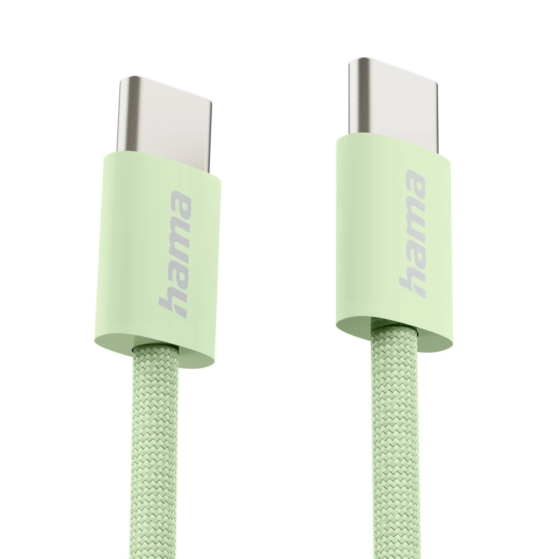 Dwa kable USB-C z zielonymi złączami i zielonym plecionym kablem.