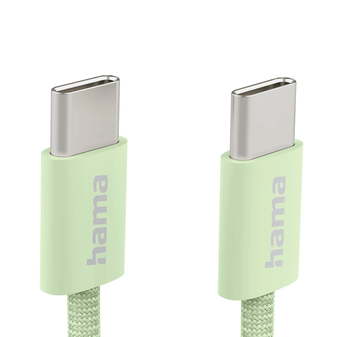 Dwa kable USB-C z zielonymi wtyczkami i napisem "hama". Białe tło.