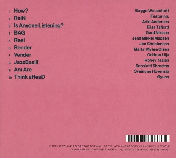 Rosa CD-Hülle mit Titeln und Künstlergutschriften. Der Text ist meist weiß und schwarz.