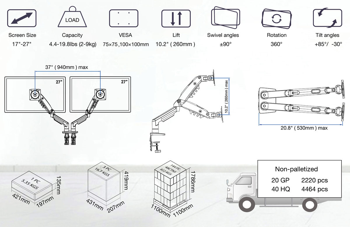 Monitorkarok diagramja képernyőmérettel, kapacitással, forgatási szögekkel.