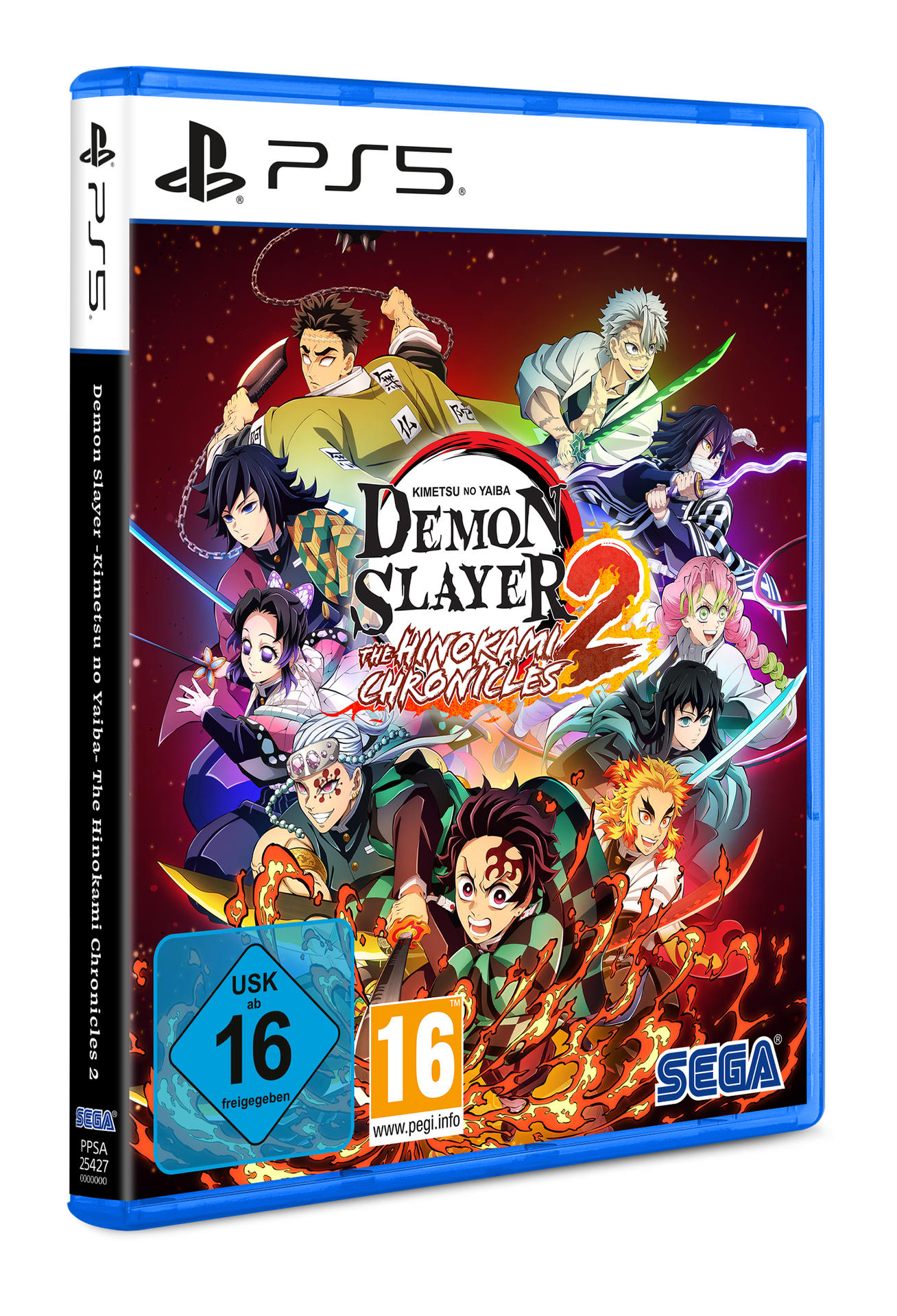 PS5-Spielbox. "Demon Slayer" Spielcover, mit Charakteren und Text. Blaue Box.