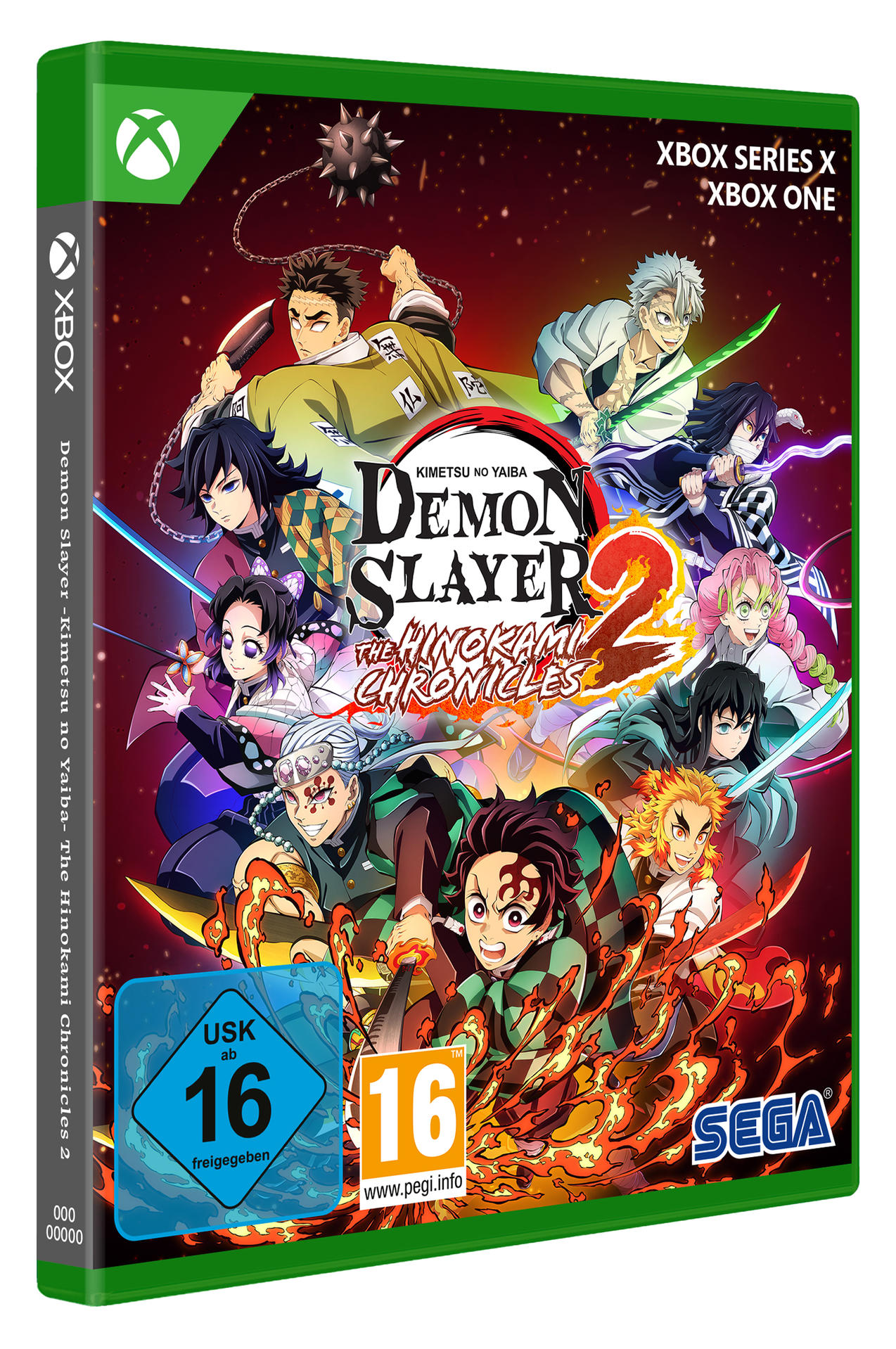 Die Xbox Series X/Xbox One-Spielbox 'Demon Slayer - The Hinokami Chronicles 2'. Die Box zeigt Charaktere.