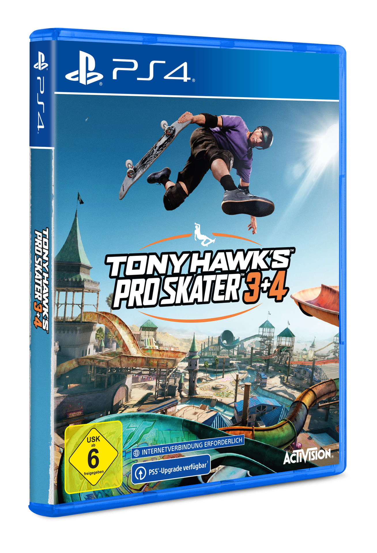 Eine PS4-Spielbox von Tony Hawk's Pro Skater 3+4. Der Hintergrund ist eine sonnige Szene.