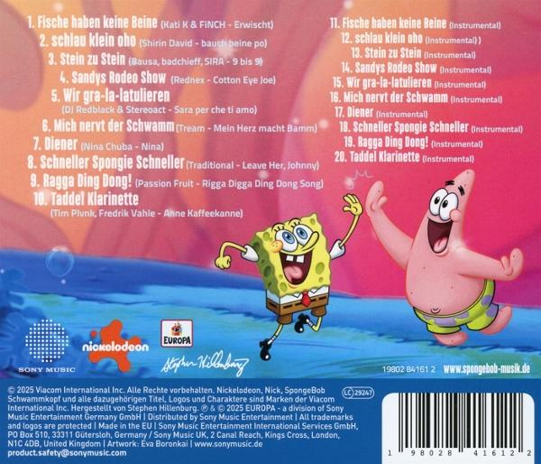 CD-Cover mit Spongebob-Figuren. Text auf Deutsch. Rosa und gelber Hintergrund.