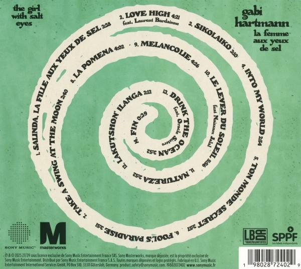 Albumcover mit Spiraldesign, Songnamen in Weiß, grüner Hintergrund und CD-Hülle.