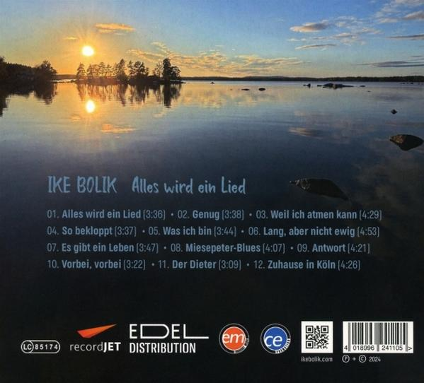 CD-Cover. Eine Seelandschaft mit Sonnenuntergang. Text mit Songtiteln und dem Namen des Künstlers. Die Rückseite der CD.