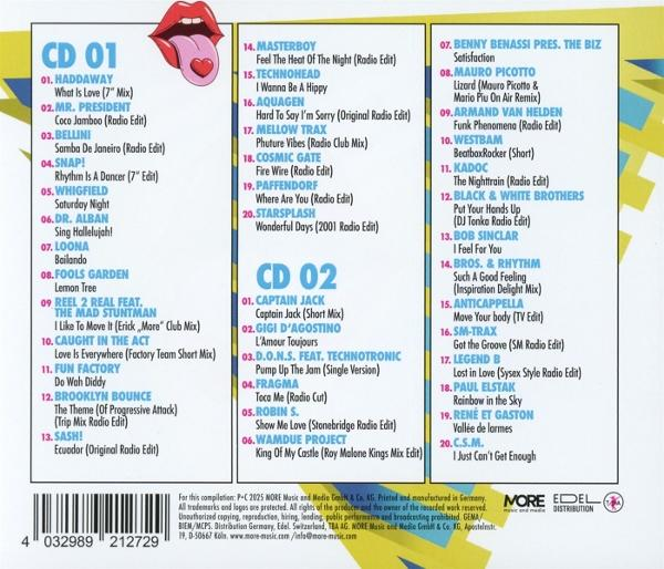 CD-Cover. Eine Liste von Songs und Künstlernamen. Ein Mund mit herausgestreckter Zunge. Bunter Hintergrund.