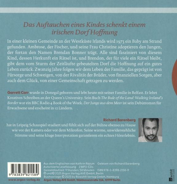 Text auf einem Buchcover. Beschreibt die Geschichte eines Kindes, das in Irland am Meer gefunden wurde.