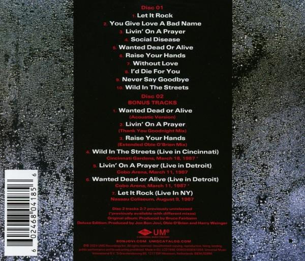 Rückseite einer CD-Hülle mit Titelliste eines Bon Jovi-Albums. Text rot/weiß auf schwarzem Grund.