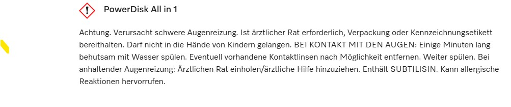 Warnhinweis mit Text. Enthält Informationen zu Augenreizungen und Erste-Hilfe-Maßnahmen.