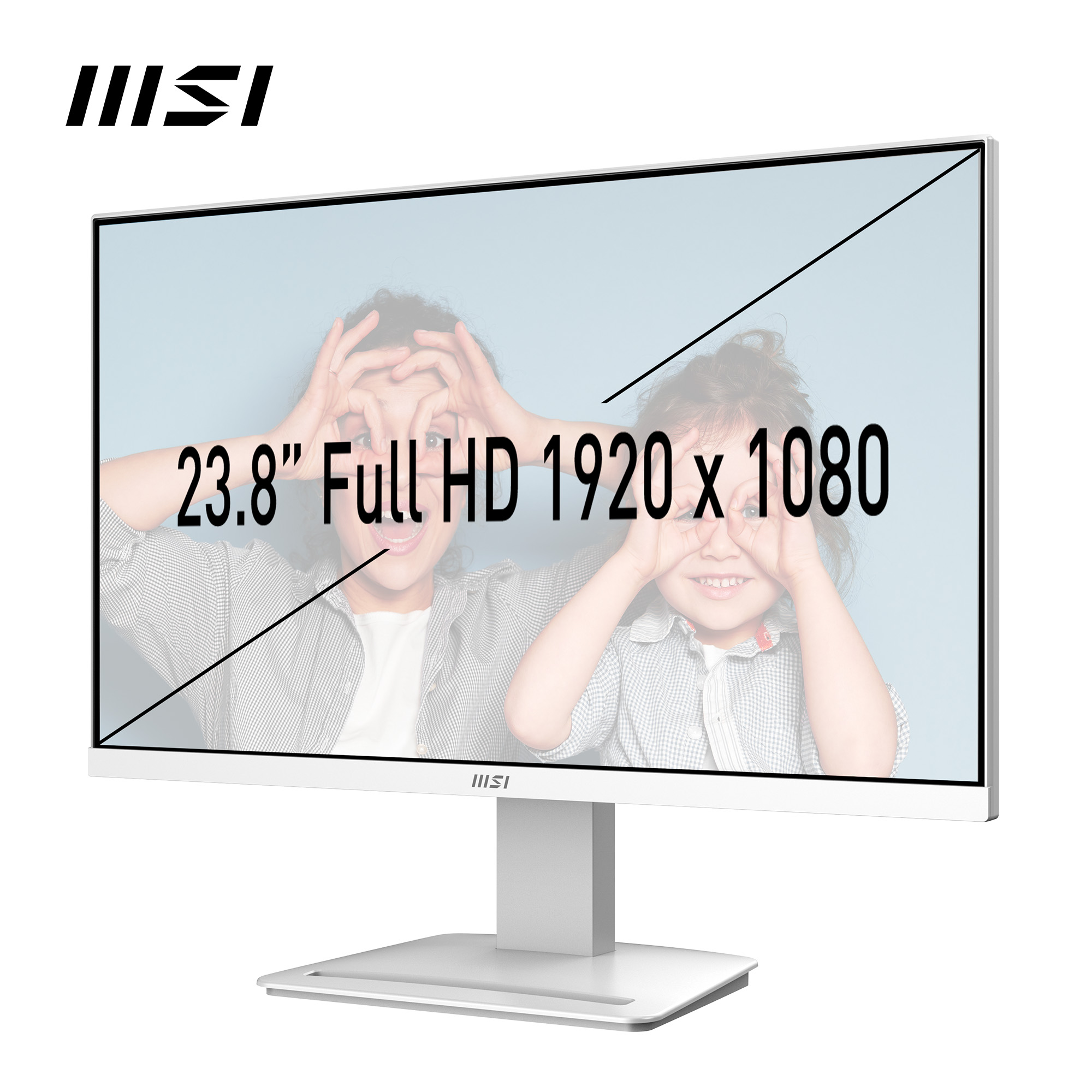 Weißer Monitor mit einem Jungen und einem Mädchen auf dem Bildschirm. Text auf dem Bildschirm zeigt 23,8" Full HD.