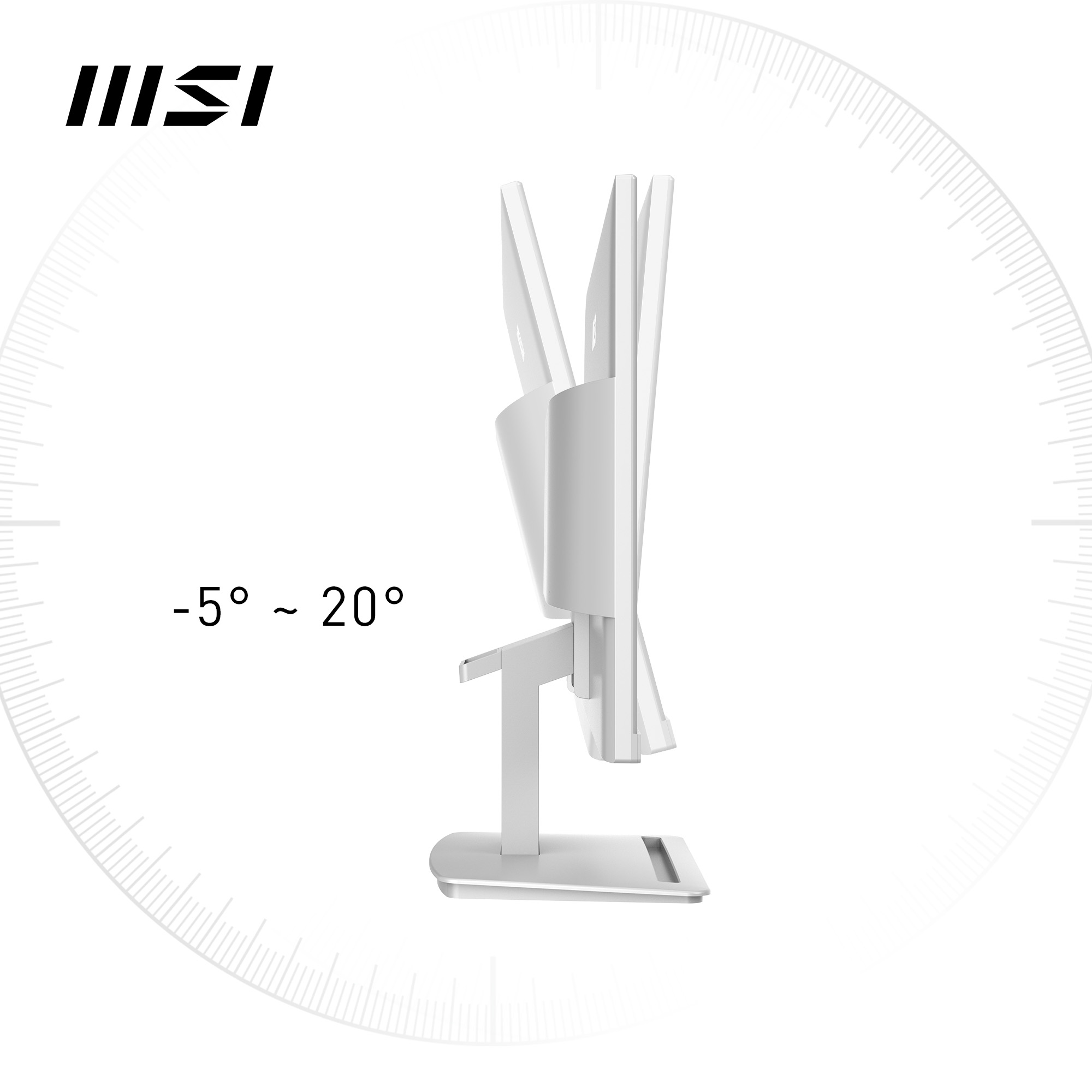 MSI-Monitor abgewinkelt, um den Einstellbereich zu zeigen. Weißer Monitor auf weißem Hintergrund, Winkelanzeige.