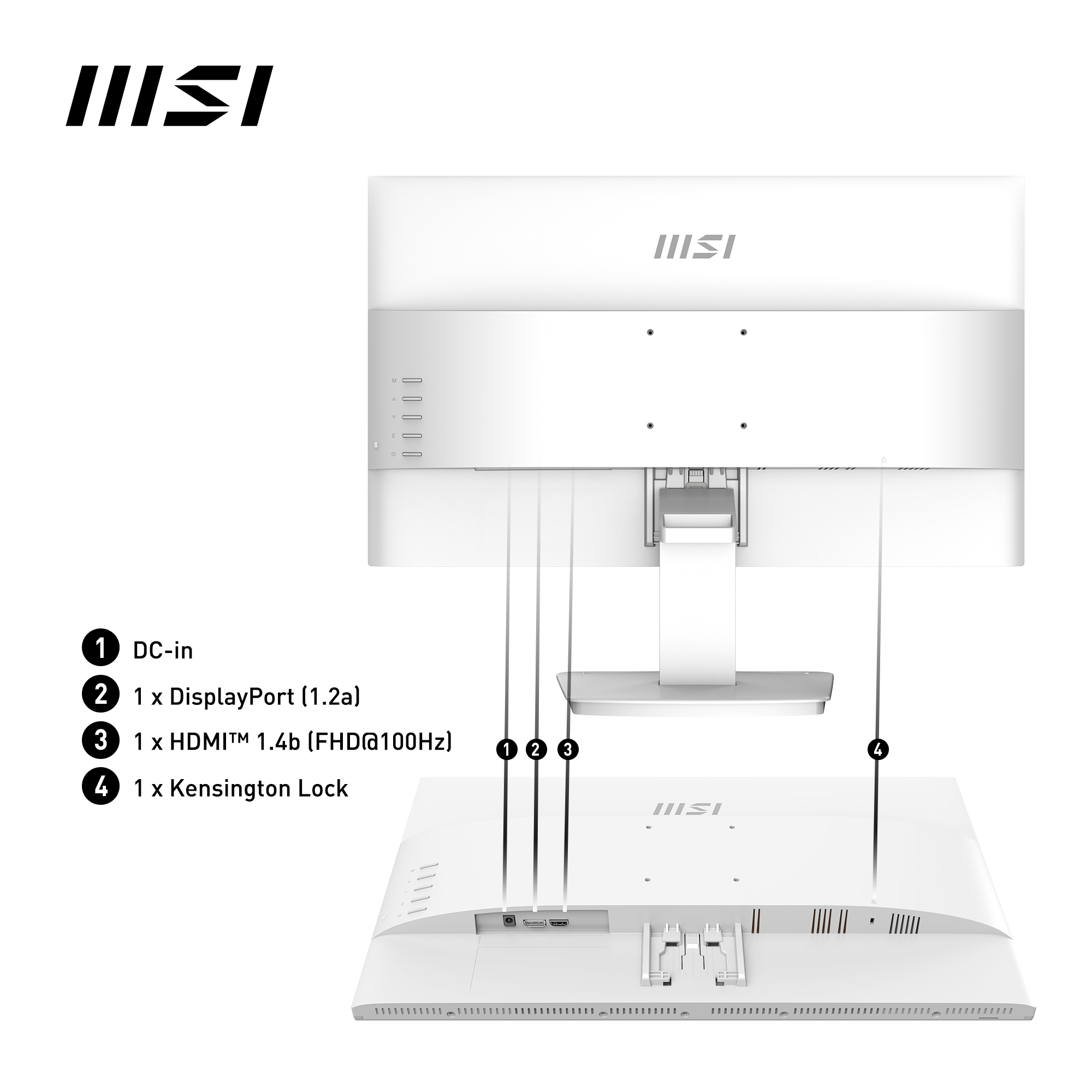 Rückansicht eines weißen MSI-Monitors. Zu den Merkmalen gehören Anschlüsse und ein Ständer.