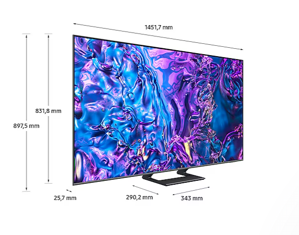 Ekran telewizora z wymiarami. Ekran otoczony jest czarną ramką. Tekst pokazuje wymiary.