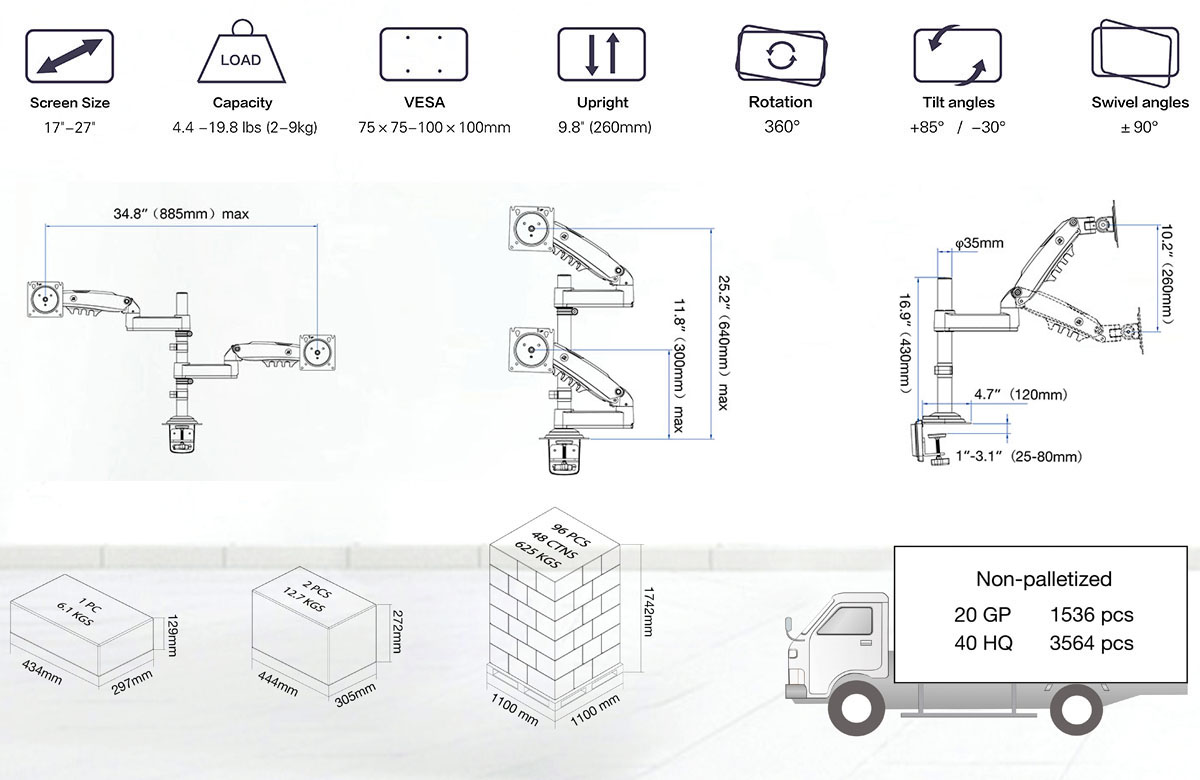 Monitor karok diagramja, méretek és specifikációk. Tartalmazza a raklapot és a teherautót.