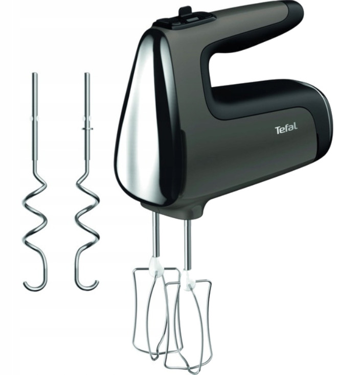 Czarny mikser ręczny Tefal z dwoma trzepaczkami i dwoma hakami do ciasta.