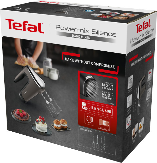 Pudełko miksera ręcznego Tefal Powermix Silence. Obraz miksera, akcesoria i informacje o produkcie.