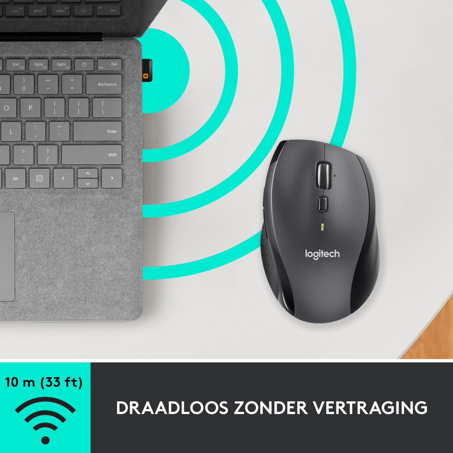 Zwarte draadloze muis naast een laptop. Turkoois signaalpictogram.