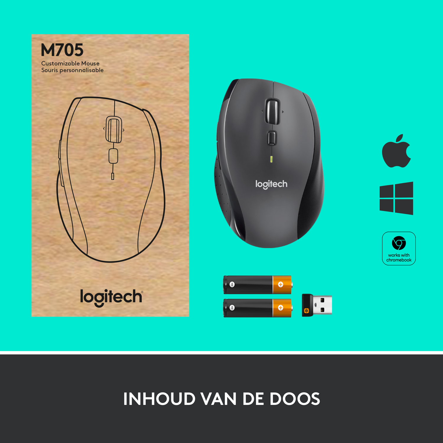 Logitech M705 muis met een tekening. Verpakking bevat batterijen en een USB-ontvanger.