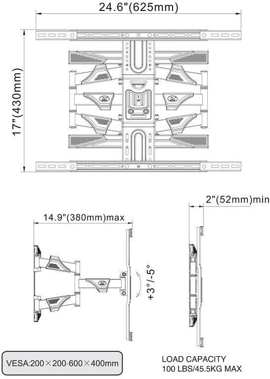 TV fali tartó diagramja méretekkel és specifikációkkal. Különböző nézeteket és méréseket tartalmaz.