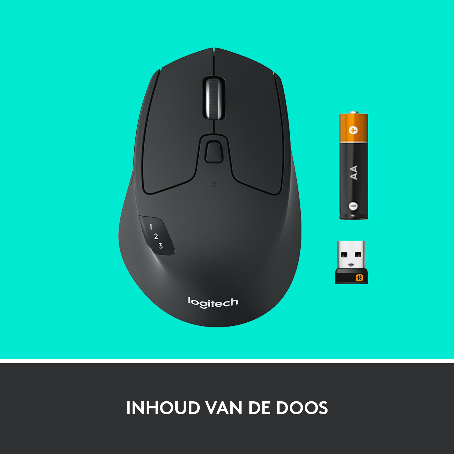 Black Logitech mouse with a battery and wireless adapter on a teal background.
