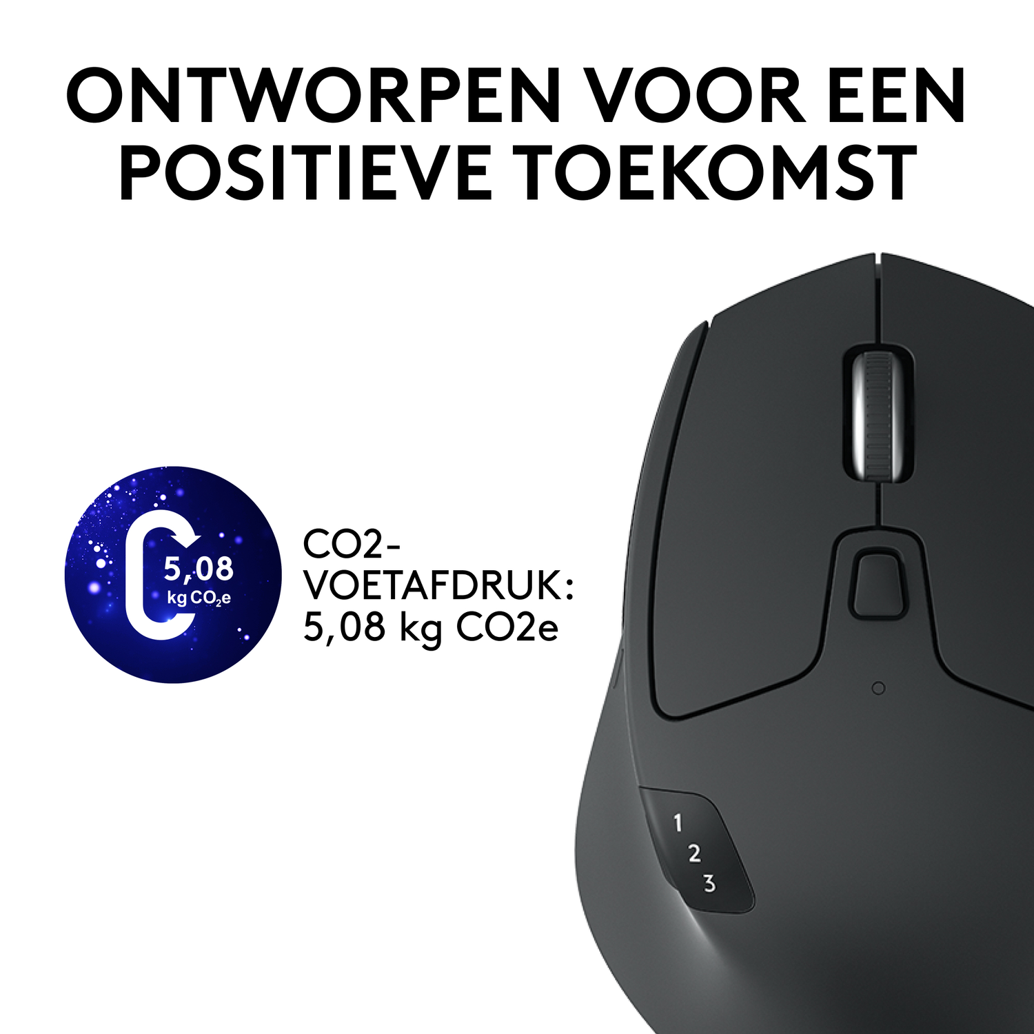 Black mouse with numbers 1, 2, and 3. Text in Dutch indicates the CO2 footprint.