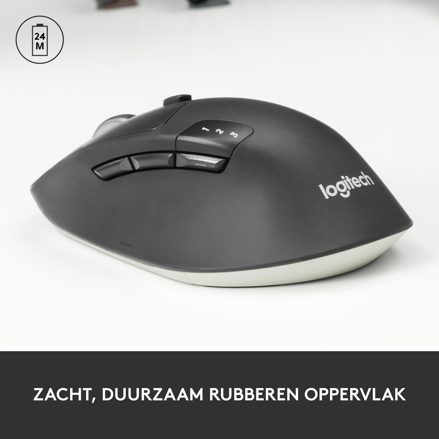 A black Logitech wireless mouse with a white base, and three buttons.