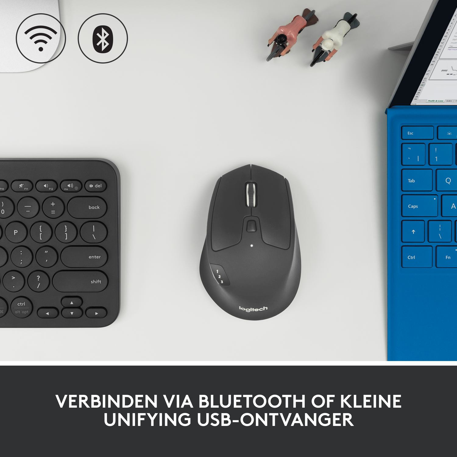 Wireless keyboard, mouse, and a blue laptop on a white surface. WiFi and Bluetooth icons are shown.