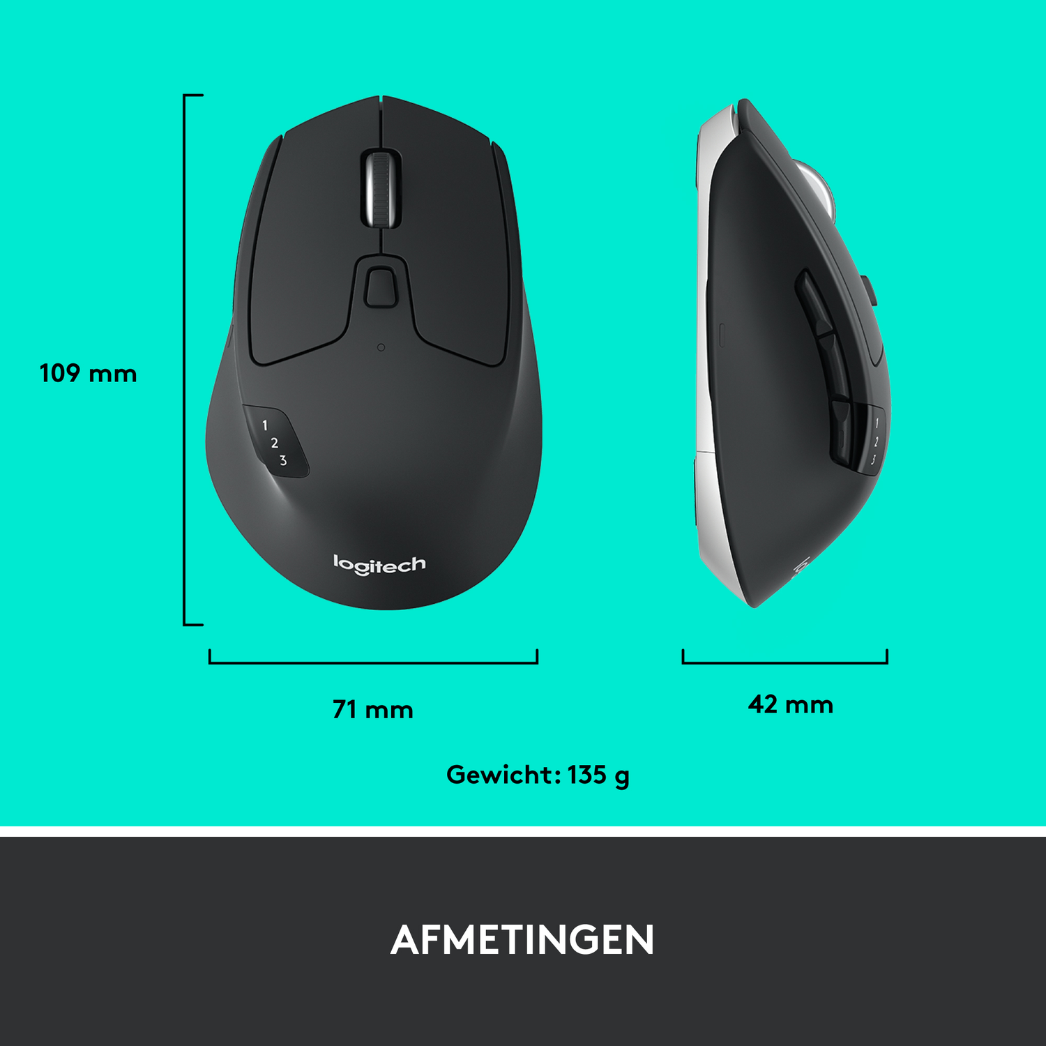 Black Logitech mouse with two views. One shows the top, the other shows the side. Dimensions and weight are shown.