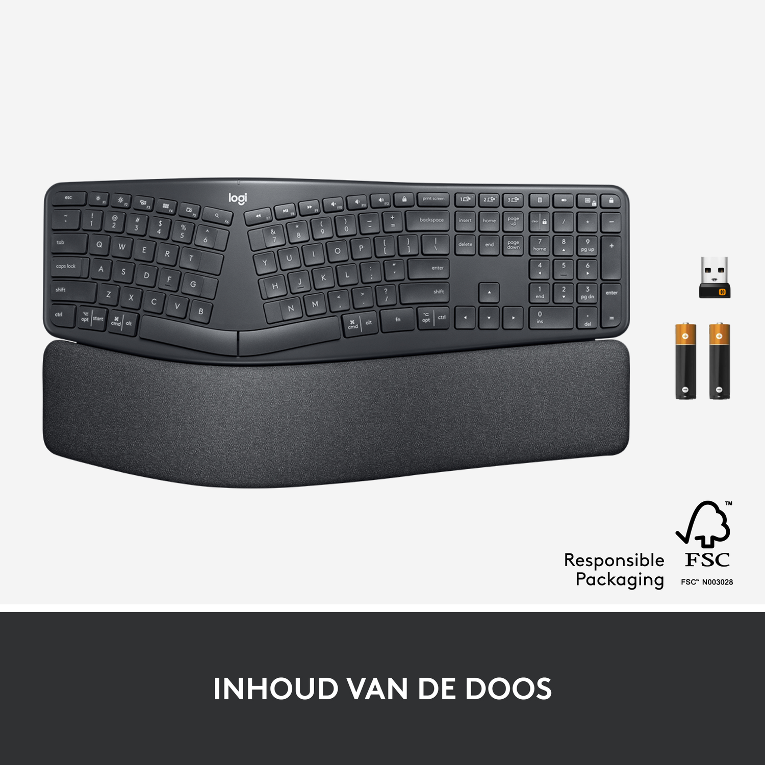 Black ergonomic keyboard on a grey cushion. Includes a wireless USB receiver and batteries.