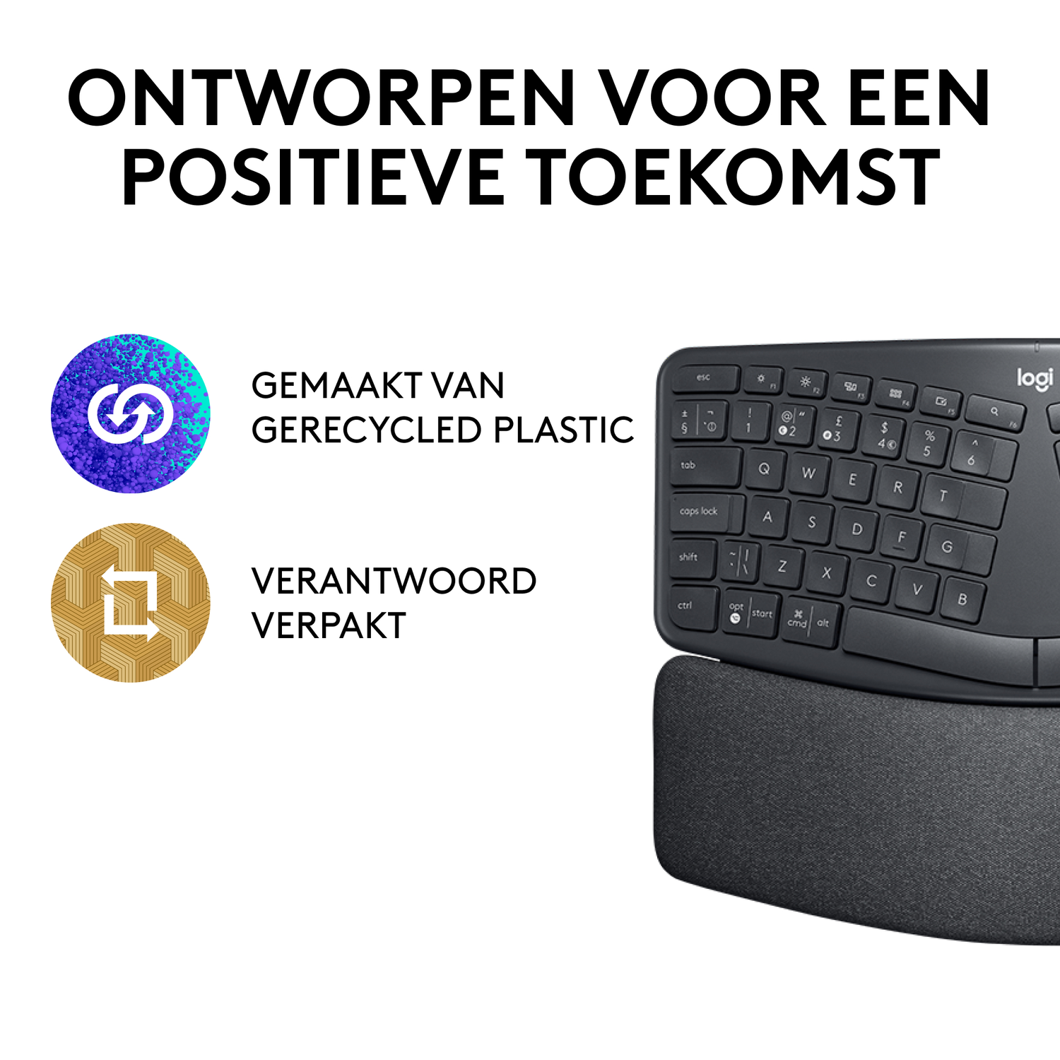 A keyboard with a wrist rest and two icons about recycled plastic and responsible packaging.