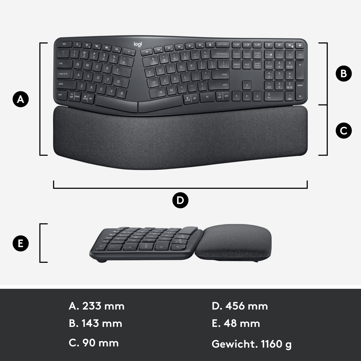 Black keyboard with a wrist rest. A diagram shows the dimensions of the keyboard.