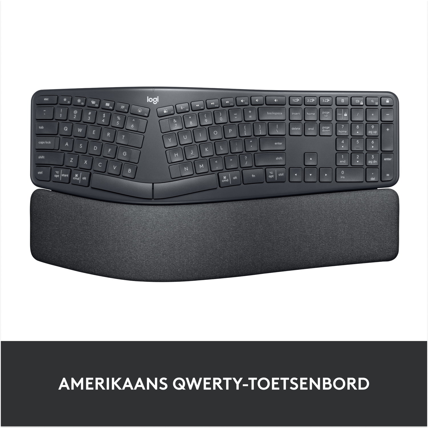 An ergonomic keyboard with a wrist rest on a wooden table, with the text 'AMERIKAANS QWERTY-TOETSENBORD'.