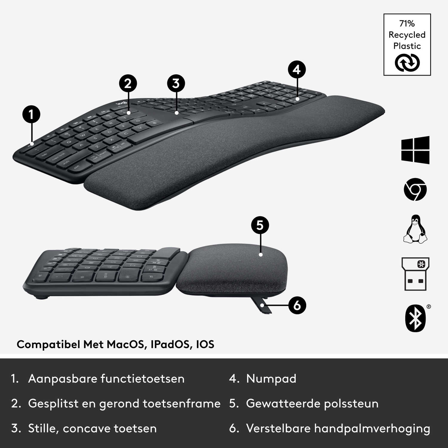 An ergonomic keyboard with a split design, a number pad, and a padded wrist rest. Features MacOS, iPadOS, and iOS compatibility.