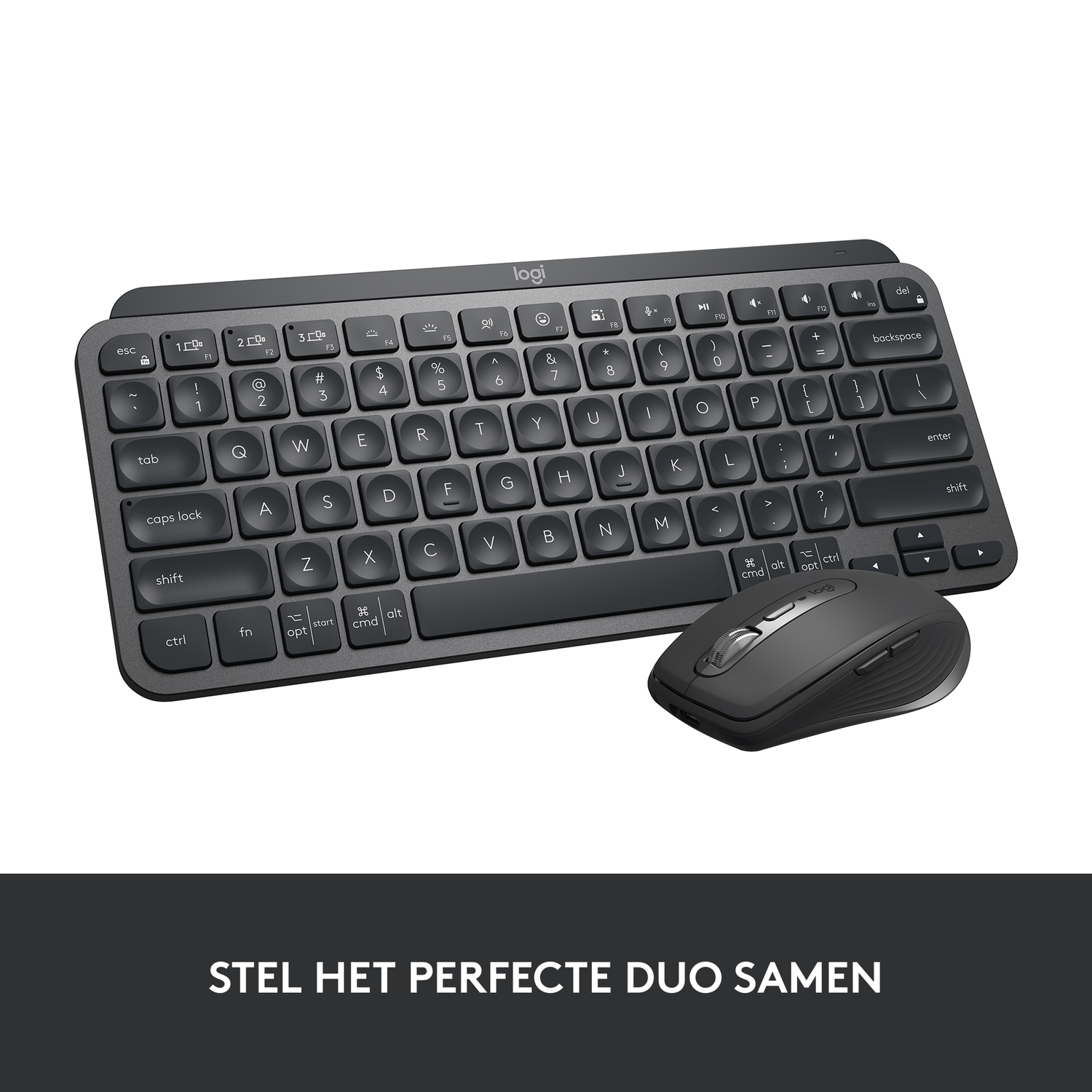 Een donkergrijze toetsenbord- en muisset op een witte achtergrond.