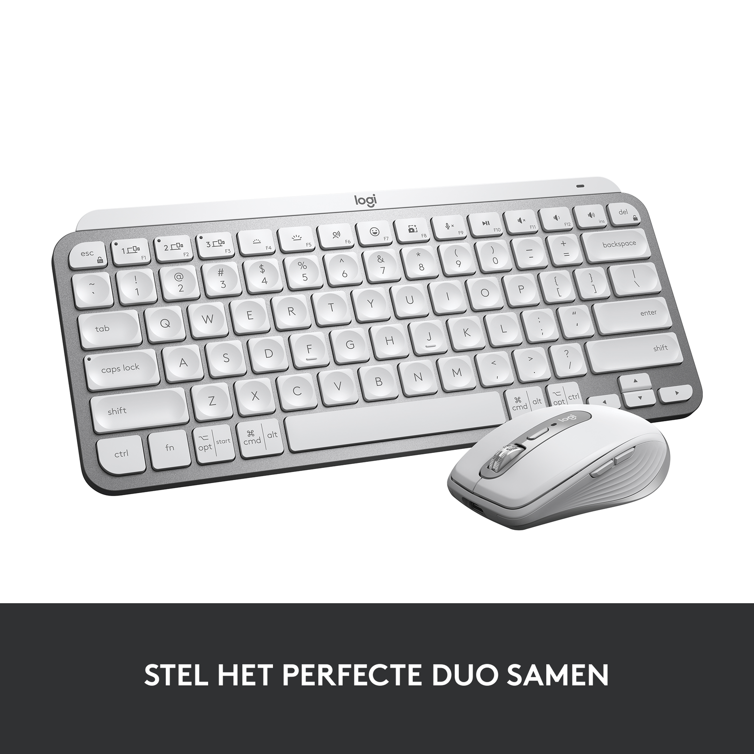 Witte toetsenbord- en muisset. Toetsenbord heeft witte toetsen op een zilveren basis. Muis is wit.